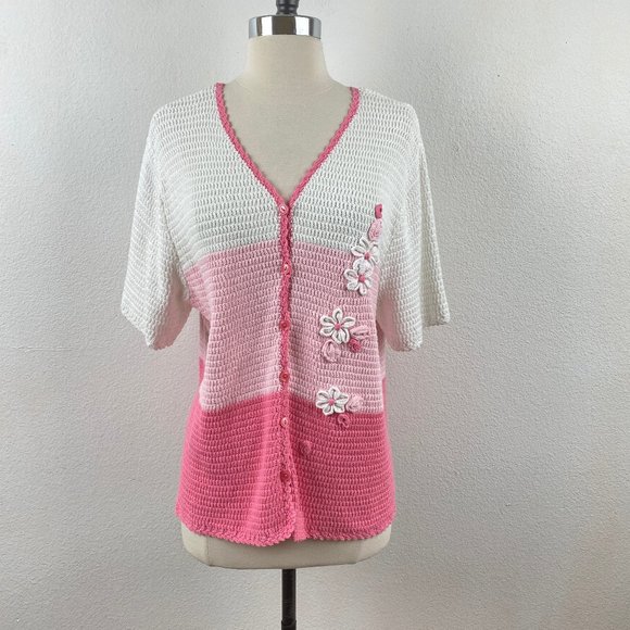 Vintage 90s Sag Harbor Pink Knit Sweater Top 100% Cotton Short Sleeves Spring Lg - Picture 1 of 8